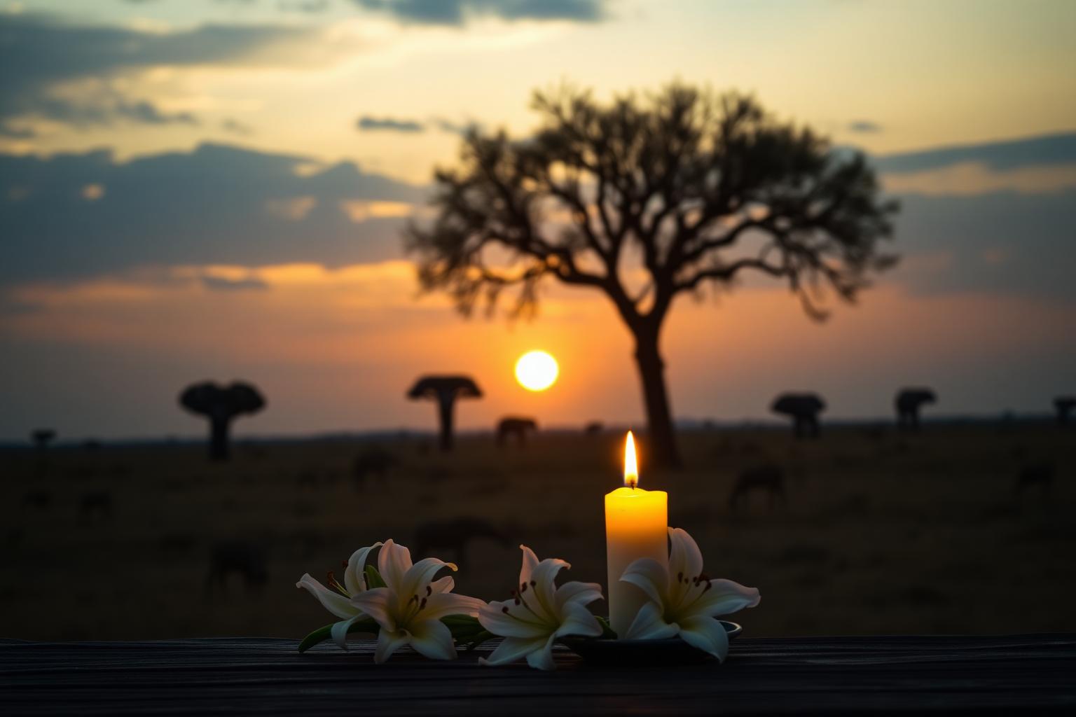 A lit candle and white lilies at sunset on the African savannah